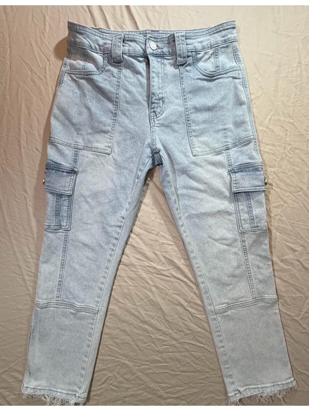 Kancan Los Angeles Cargo Jeans Women’s 11/29 Light Wash Raw Hem Utility Y2K
